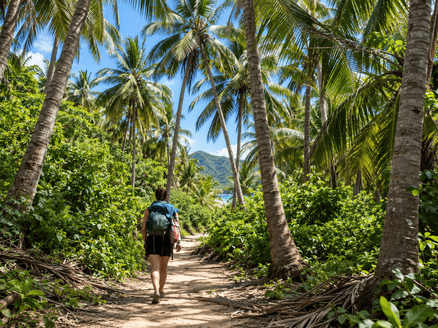 Traveler walking through the tropical forest in Tayrona National Park