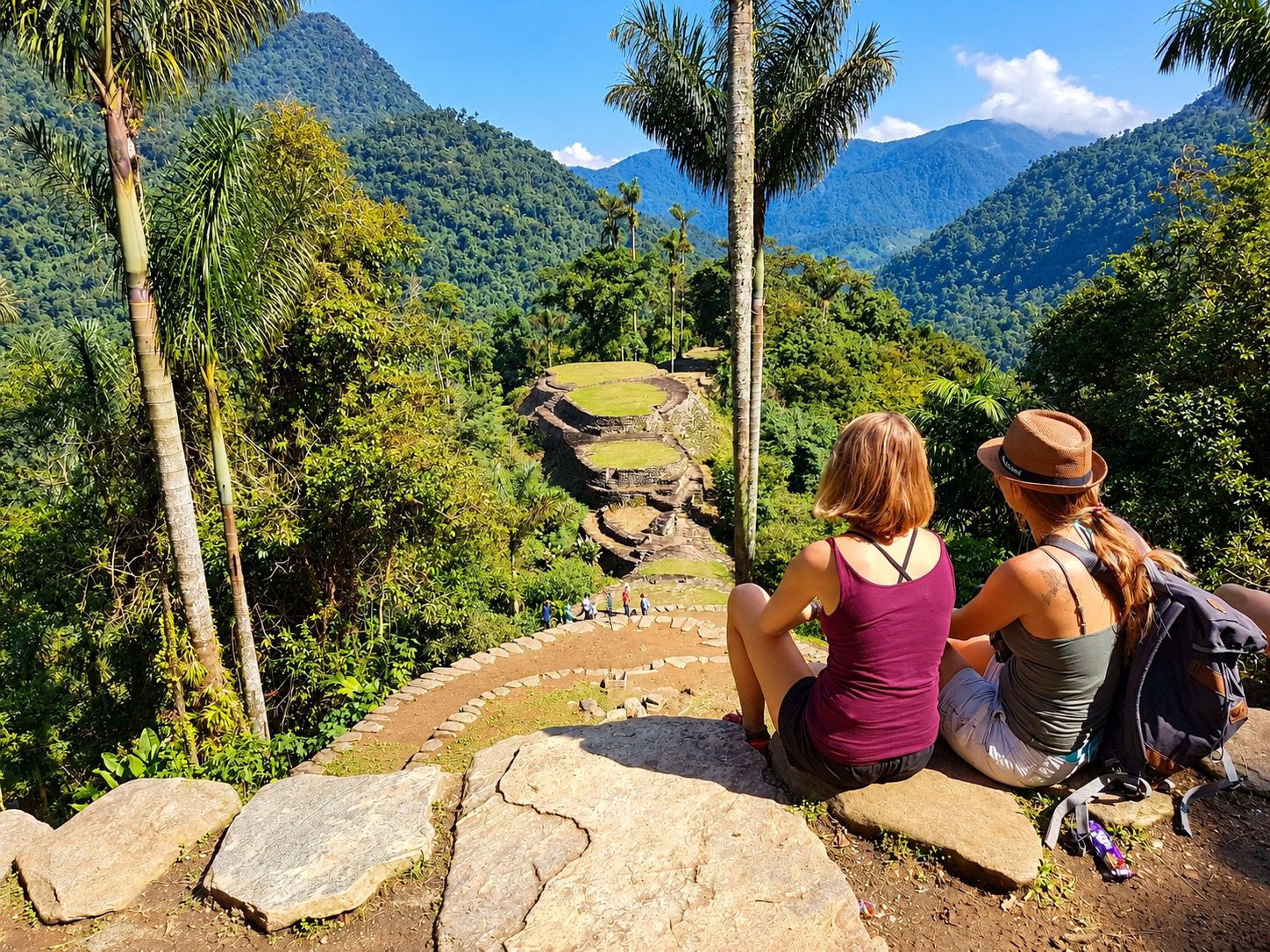 Travelers overlooking the terraces of the Lost City in the Sierra Nevada de Santa Marta