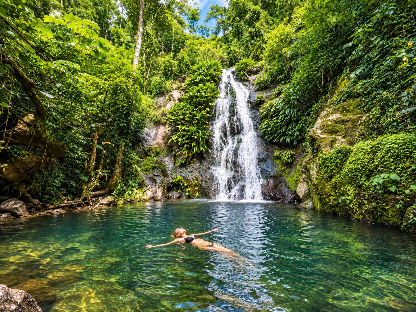 Traveler swimming below a tropical waterfall in Minca, Sierra Nevada de Santa Marta