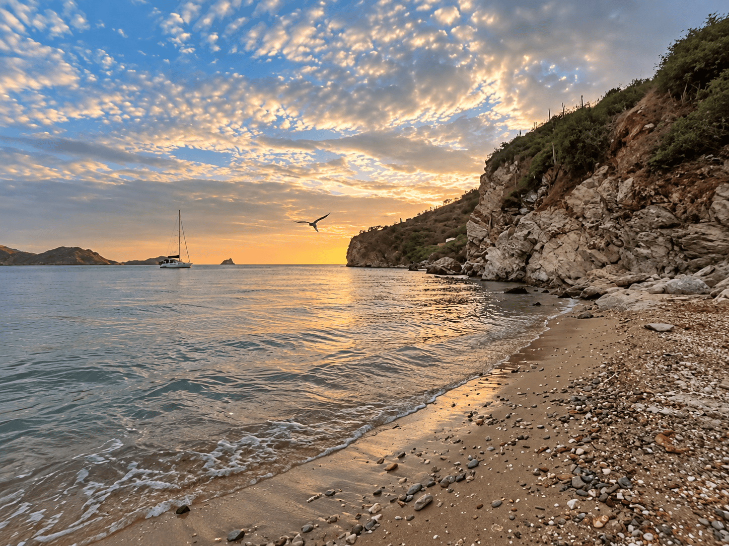 Secluded beach near Taganga with clear water, a sailboat and rocky coastal cliffs