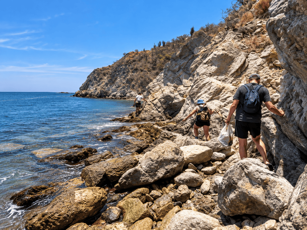 Hikers navigating a rocky coastal trail beside the Caribbean Sea in Taganga