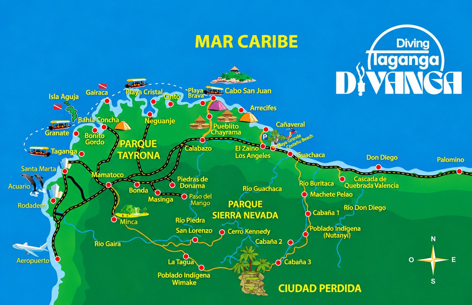 Travel map of Taganga, Tayrona Park, Minca, Sierra Nevada and Ciudad Perdida by Divanga