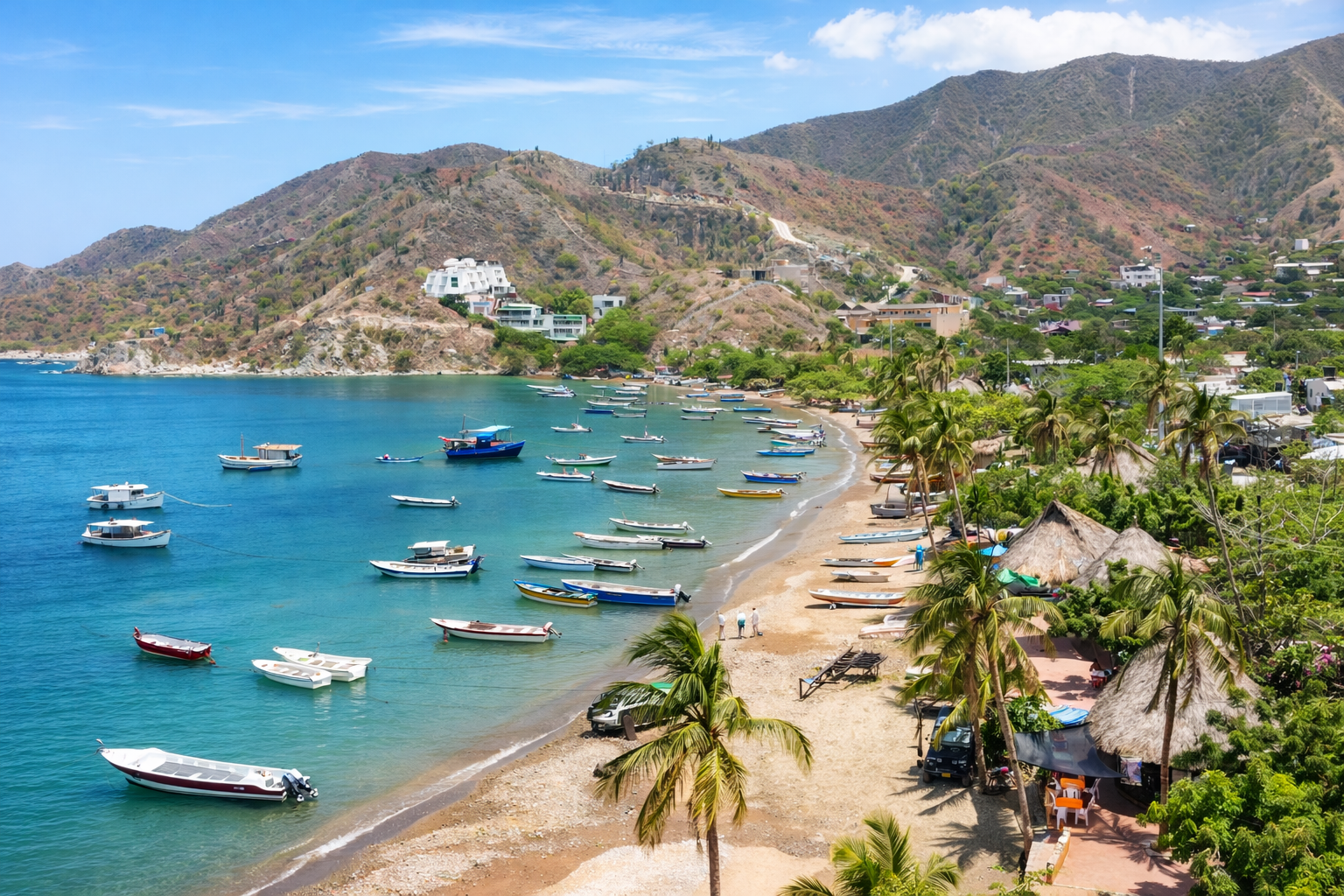 Panoramic view of Taganga Bay with boats and beach near Tayrona National Park Colombia