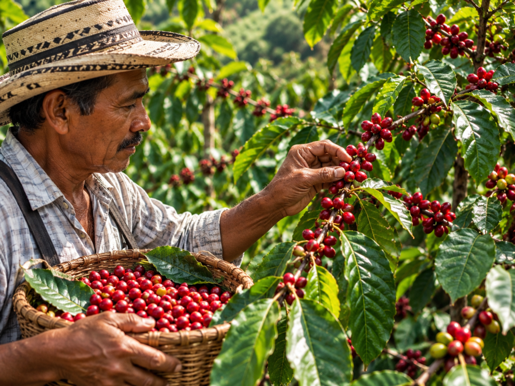 Coffee farmer harvesting ripe coffee cherries on a farm in Minca, Colombia